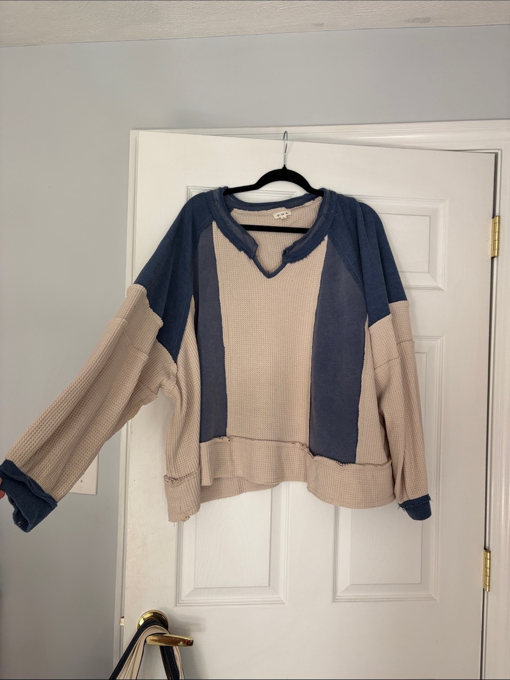 POL Beige and Blue Waffle-Knit Crewneck Sweater